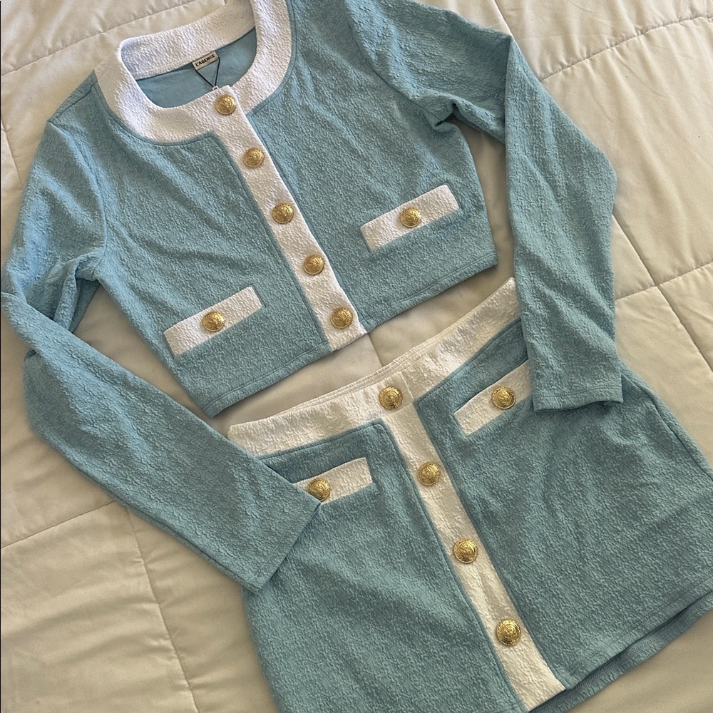 L'AGENCE Adeline Cardigan and Coco Mini Skirt Cover-Up in powder blue - Picture 2 of 4